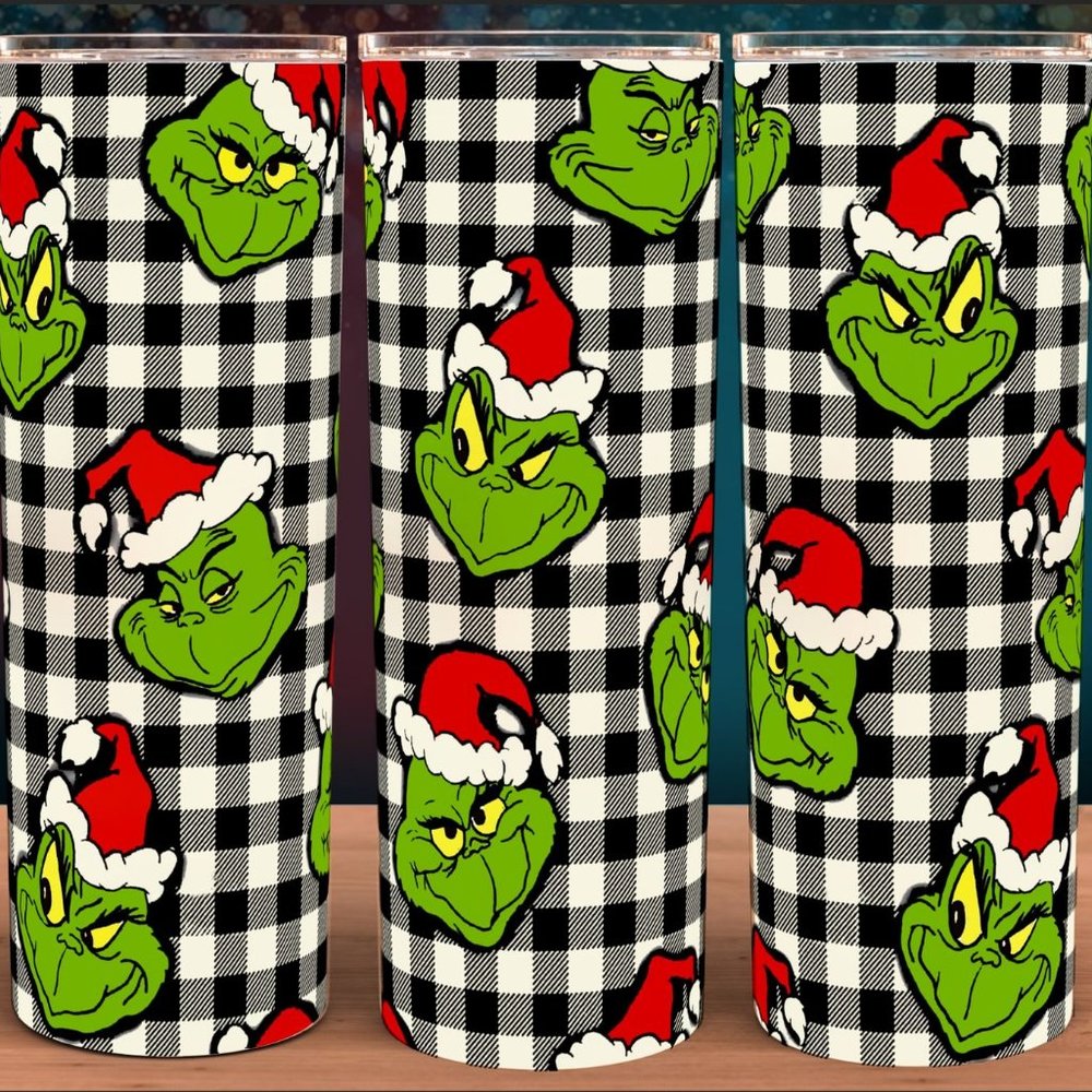Black & White Buffalo Plaid Grinch Christmas Holiday Tumbler